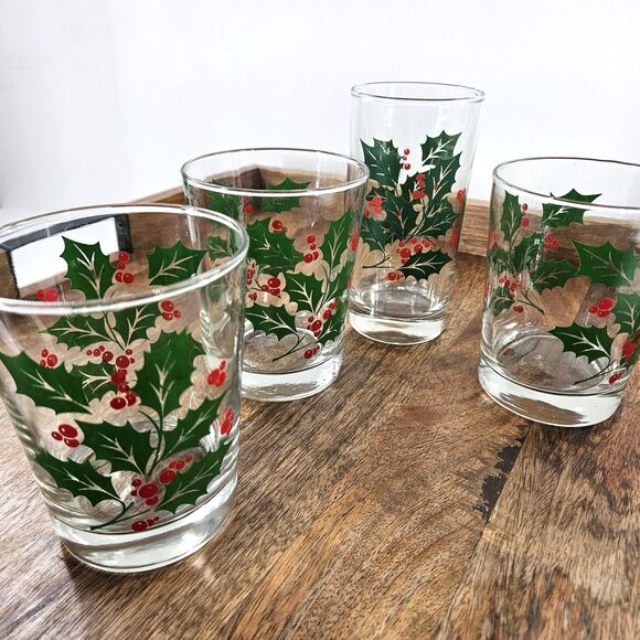 4 Lot Vintage Libby Holly Berry Christmas Drinking Glasses 1 Tumbler 3 Rocks - Picture 2 of 10